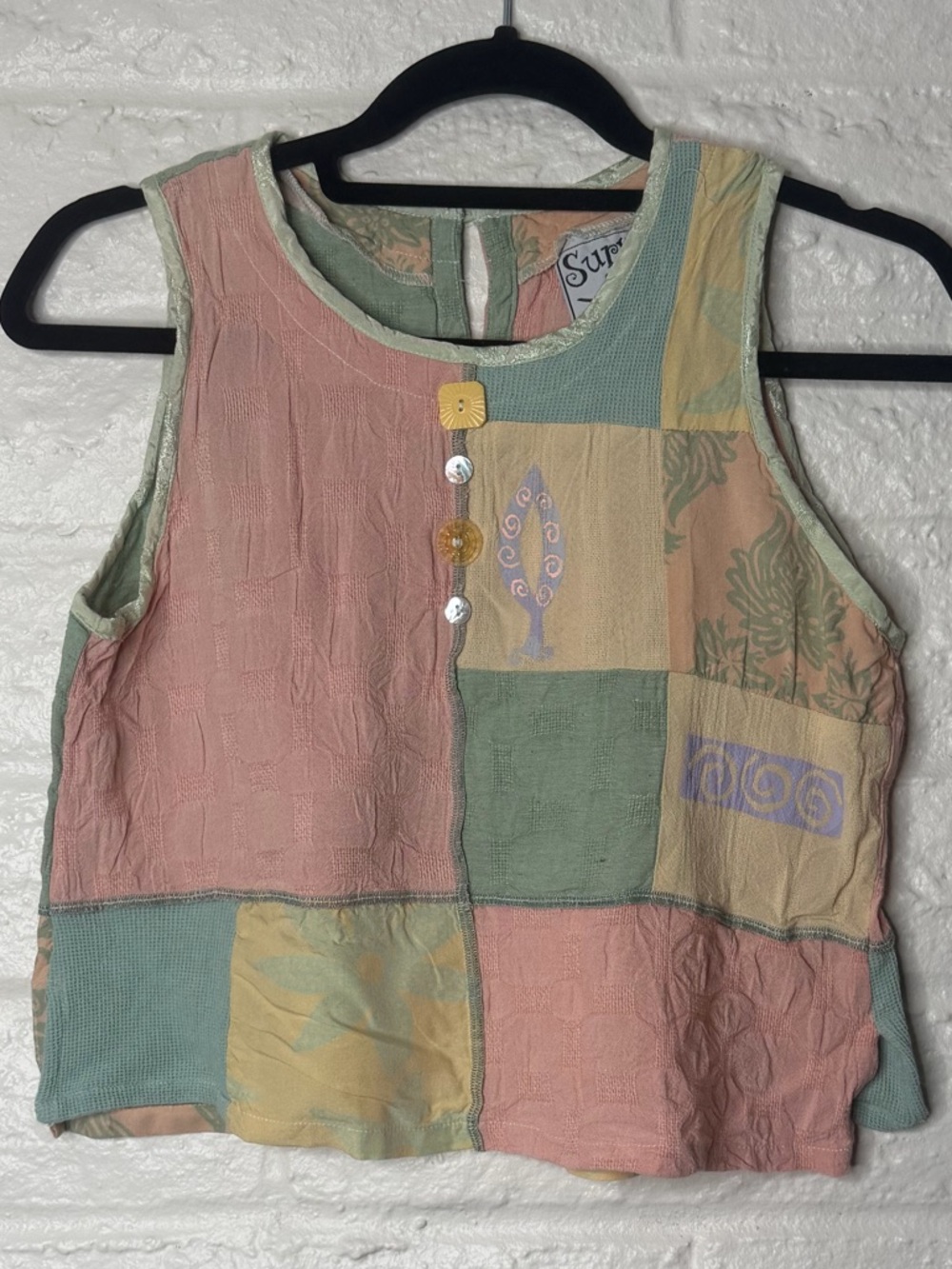 Vintage Surya Tank Top Patchwork Quilt Look 90’s Cropped Pastel